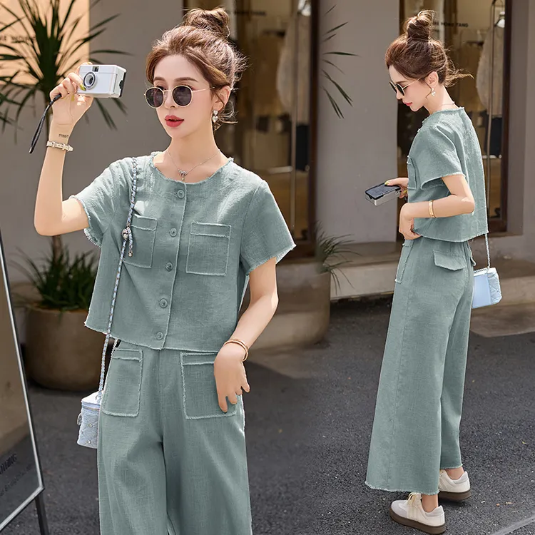 休闲时尚显瘦套装女2025年夏季新款洋气减龄时尚高腰阔腿裤两件套