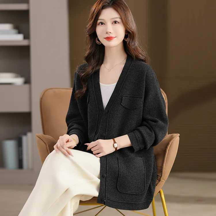 纯羊毛针织开衫外套女2025新款宽松中长款慵懒风加厚毛衣外搭上衣