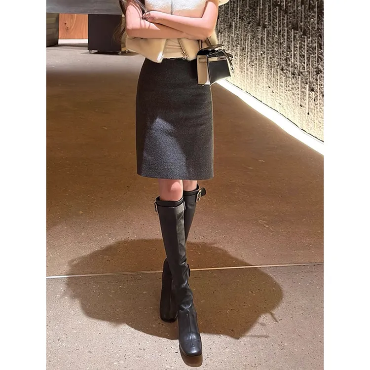 耶古韩系灰色毛呢包臀中裙女秋冬新款高腰显瘦设计感后开叉半身裙