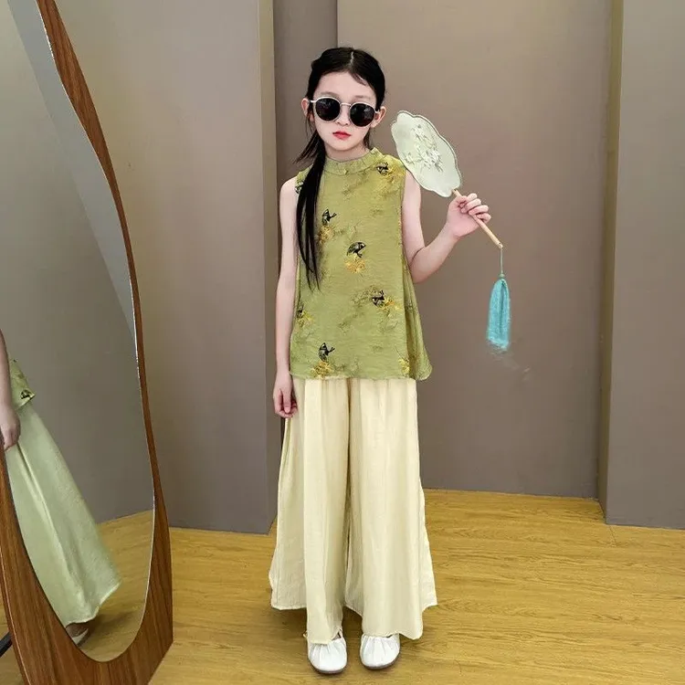 女童夏季2025新款洋气夏装新中式国风旗袍上衣休闲阔腿裤两件套潮