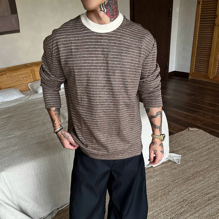 OXFREAK「美拉德 羊毛混纺」撞色领口条纹毛衣男高级感保暖针织衫