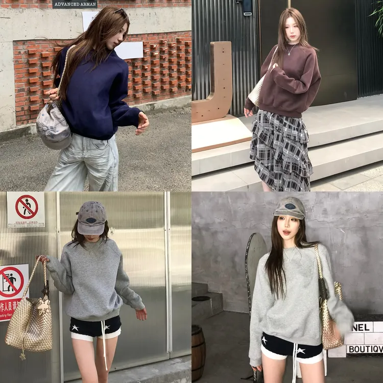 ins风春秋简约百搭圆领基础套头拼接落肩慵懒风卫衣