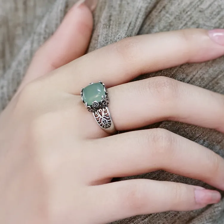 铜合金戒指 复古方糖铜钱花纹镂空戒指女活口指环中式古典饰品