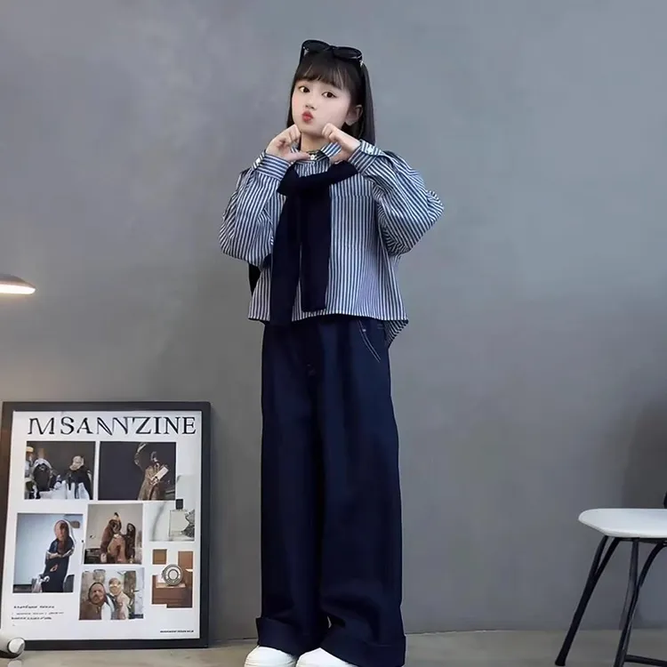女童秋季牛仔裤儿童2025新款春秋装女孩大童坎肩条纹衬衫韩系套装