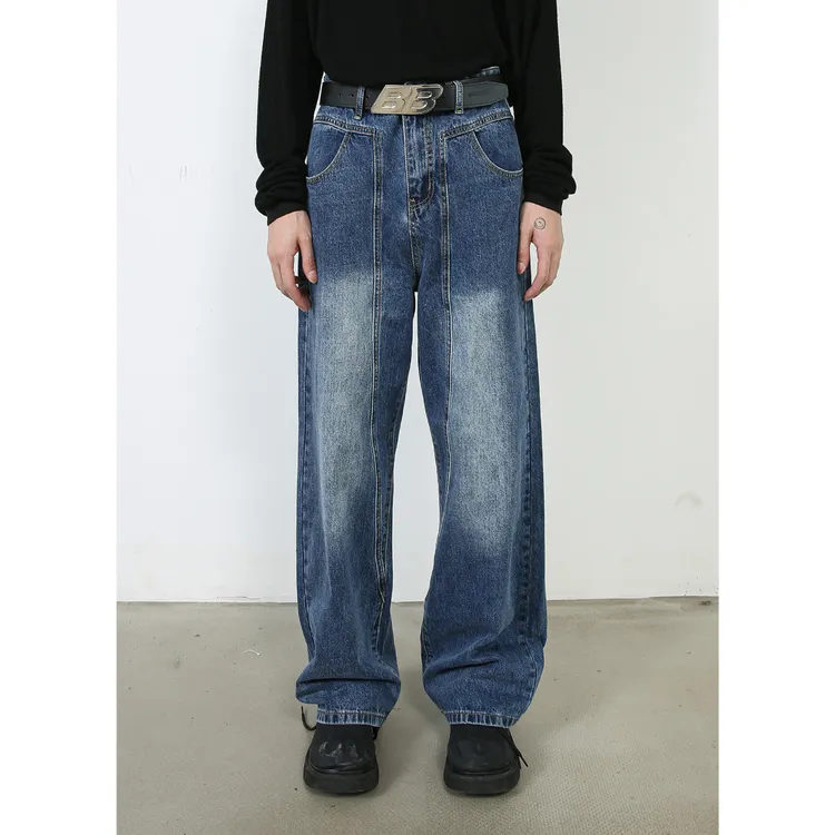 vintage新品韩版宽松直筒牛仔裤男美式设计感潮牌百搭休闲长裤潮