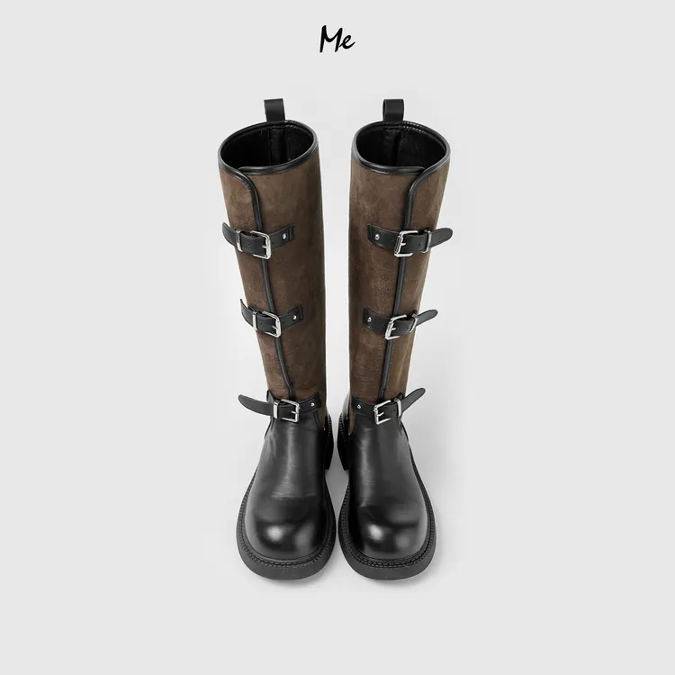 ME【磨砂真皮拼接骑士靴（高筒加绒）】重磅牛反绒保暖鞋子MESA6167
