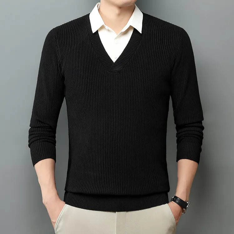 秋季新款休闲韩版针织男士长袖假两件毛衣时尚衬衫领两件套针织衫