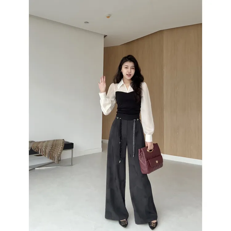 【现货】张阿星法式假两件撞色翻领收腰设计感衬衫+印花设计阔腿裤