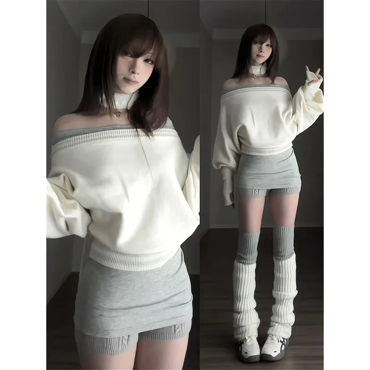 韩系慵懒风一字肩长袖针织衫上衣灰女秋季新款穿搭百搭时尚裤子