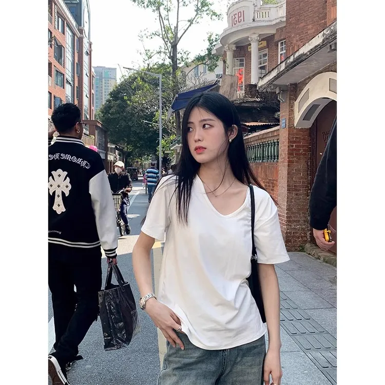 韩版休闲宽松t恤夏季时尚高腰洋气打底ins百搭纯棉显瘦设计感上衣