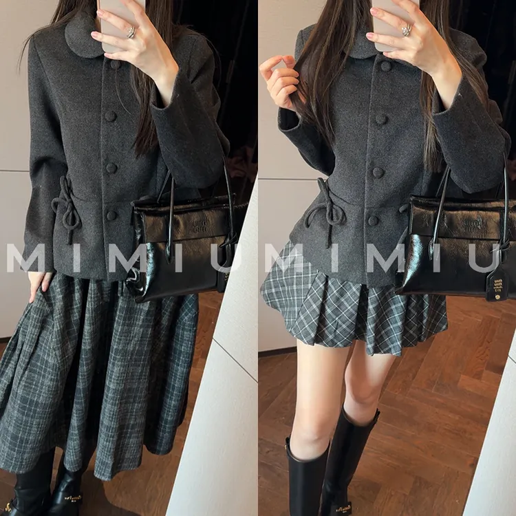 【mimius】P 娃娃领减龄收腰蝴蝶结毛呢外套+半身裙（有口袋） G09347