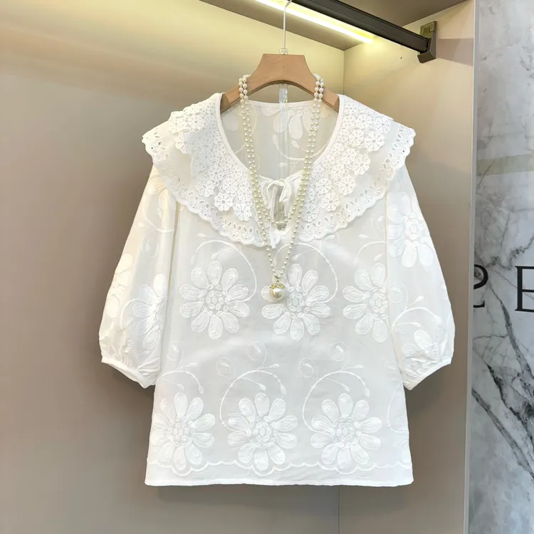 新款胖mm花朵娃娃领设计感2025夏季温柔淑女范宽松显瘦女装上衣