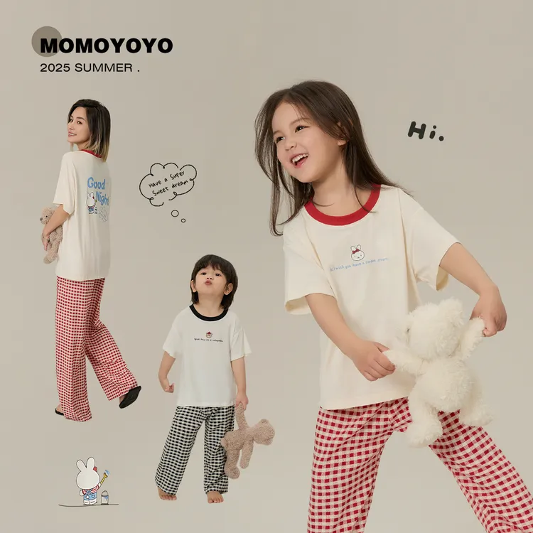 辰辰妈【格纹派】亲子装撞色短袖长裤女童居家套装夏7763X/ 7763XM