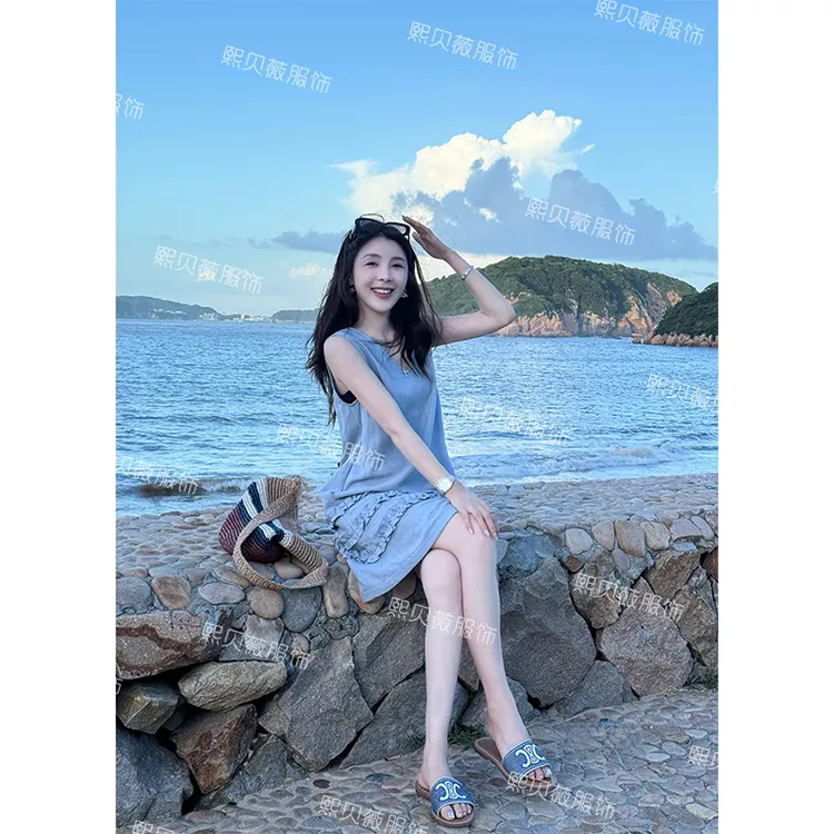 熙贝薇5【海岛初恋】法式天丝亚麻木耳边褶皱无袖背心连衣裙 G5081