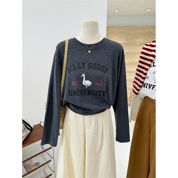 秋冬韩系百搭卡通减龄宽松显瘦磨毛长袖T恤女德绒内搭打底衫上衣