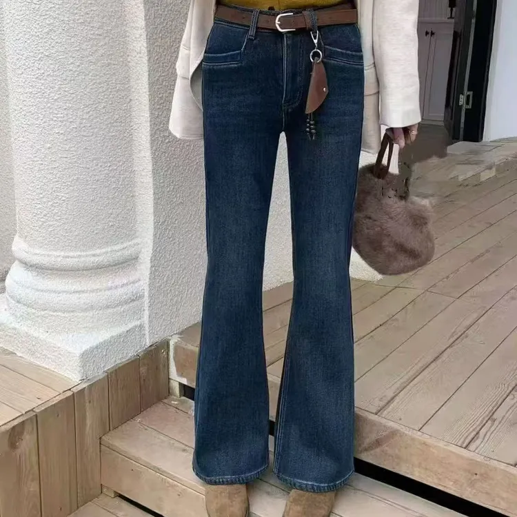 5562冬季新款复古加肥加大加绒微喇裤