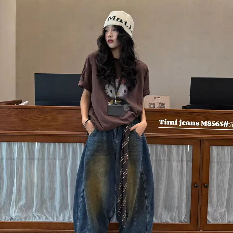 TiMi2025秋季抓毛新款时尚休闲百搭宽松显瘦高腰晕染弯刀牛仔裤女