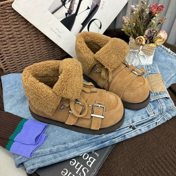 小雨家【韩版】冬季新款翻领两穿系带洋气百搭加绒短筒平底雪地靴