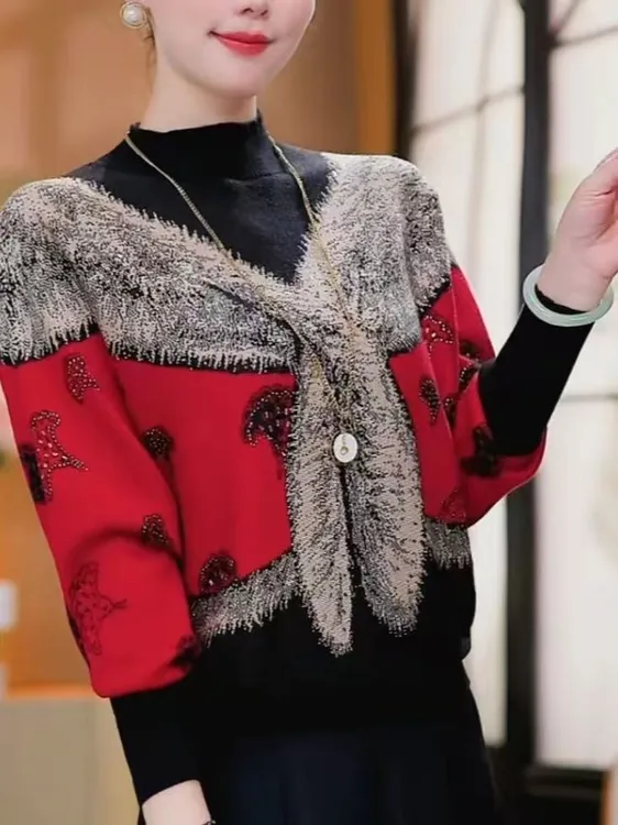 时尚大码宽松舒适百搭毛针织衫女套头圆领印花轻奢洋气时髦上衣