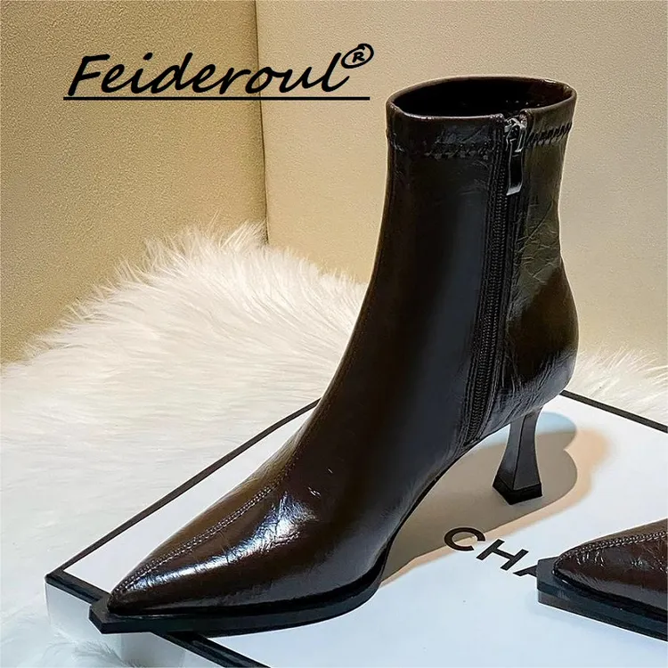 Feideroul英伦风尖头短靴女2025秋冬新款高跟单靴法式显脚瘦瘦靴