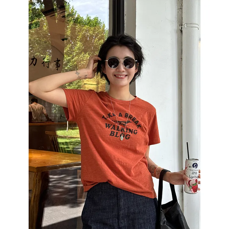 LANGQING 印花宽松正肩休闲纯棉字母简约圆领T恤45594#