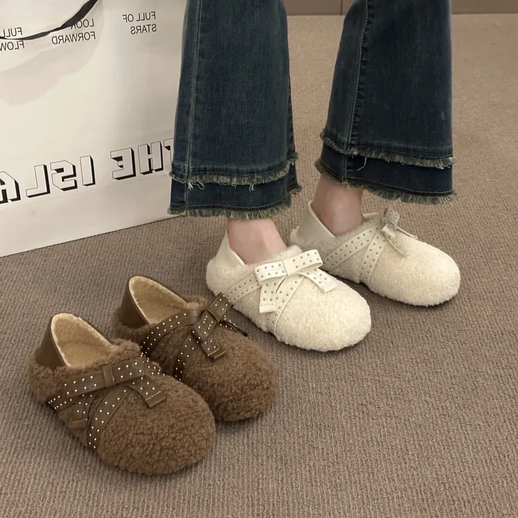 厚底内增高蝴蝶结加绒两穿毛毛绒勃肯鞋女款冬季一脚蹬保暖棉鞋潮