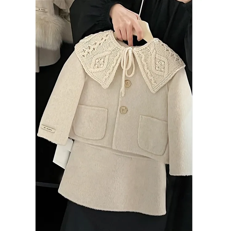 现货壹妈女童过年衣服春秋新款儿童宝宝洋气披肩毛呢外套短裙套装