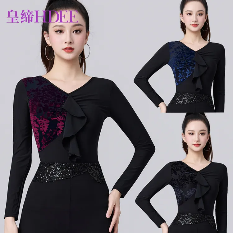 皇缔 摩登舞上衣V字领长袖拉丁舞国标女荷叶边T恤柔美风亮丝交谊