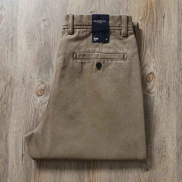 耐磨纯棉男裤高品质松紧腰头男裤秋冬厚款怀旧水洗宽松直筒时尚百搭商务休闲裤