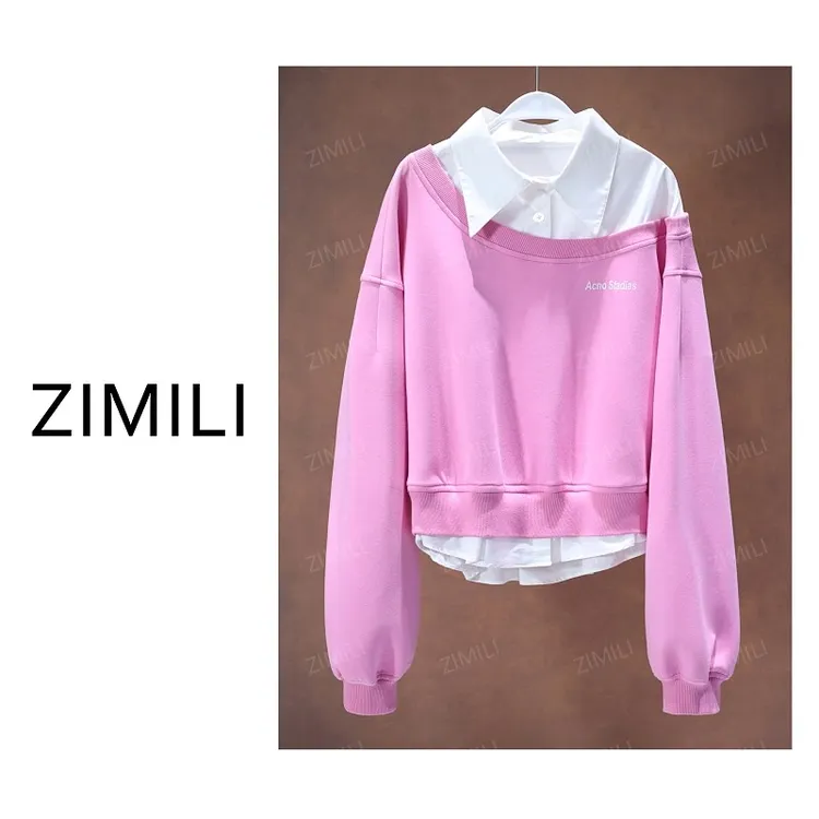 【亮哥女装】2025冬季《桃酪》胭脂粉拼接衬衫领假两件卫衣6500-K4