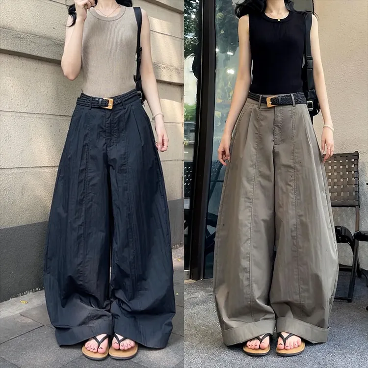 29660裁片超薄褶皱款阔腿裤2025年夏季新款宽松慵懒直筒休闲裤女