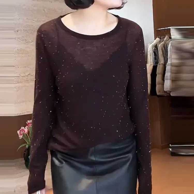 高级感圆领微透打底长袖女2025秋季新款设计宽松显瘦通勤减龄T恤