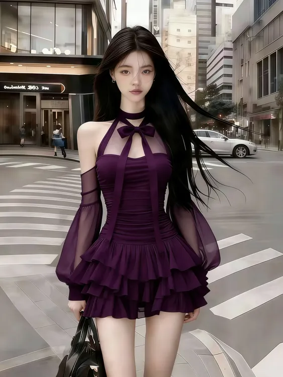 轻奢时尚气质高级千金风紫色圆领挂脖露肩网纱褶皱长袖收腰连衣裙