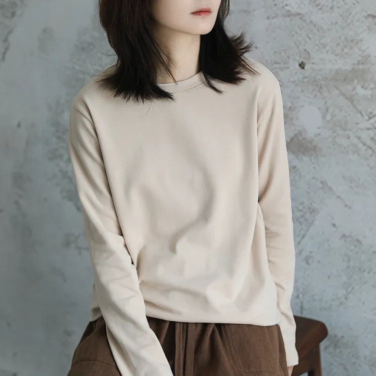 尘染·长绒棉chao软·白色圆领打底衫女秋季新款纯棉长袖宽松上衣