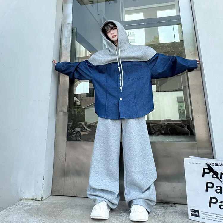 秋款小众撞色拼接连帽套头卫衣套装男一套搭配弯刀阔腿长裤两件套
