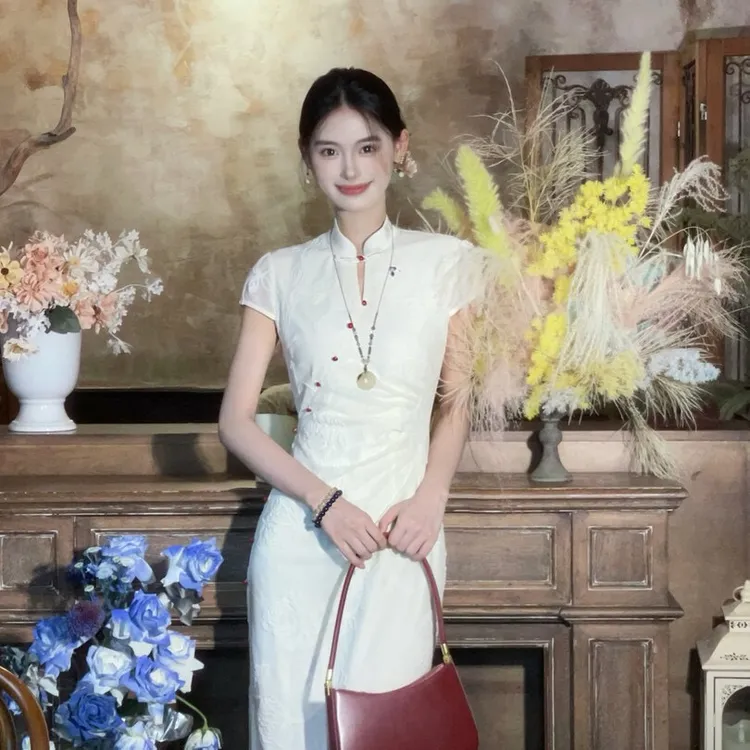 凌茜恣禾云霄新中式改良旗袍女夏季针织提花旗袍领巨好看的连衣裙