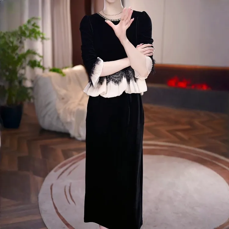 轻奢高级感九分袖连衣裙女2025年秋季新款妈妈气质假两件礼服裙子