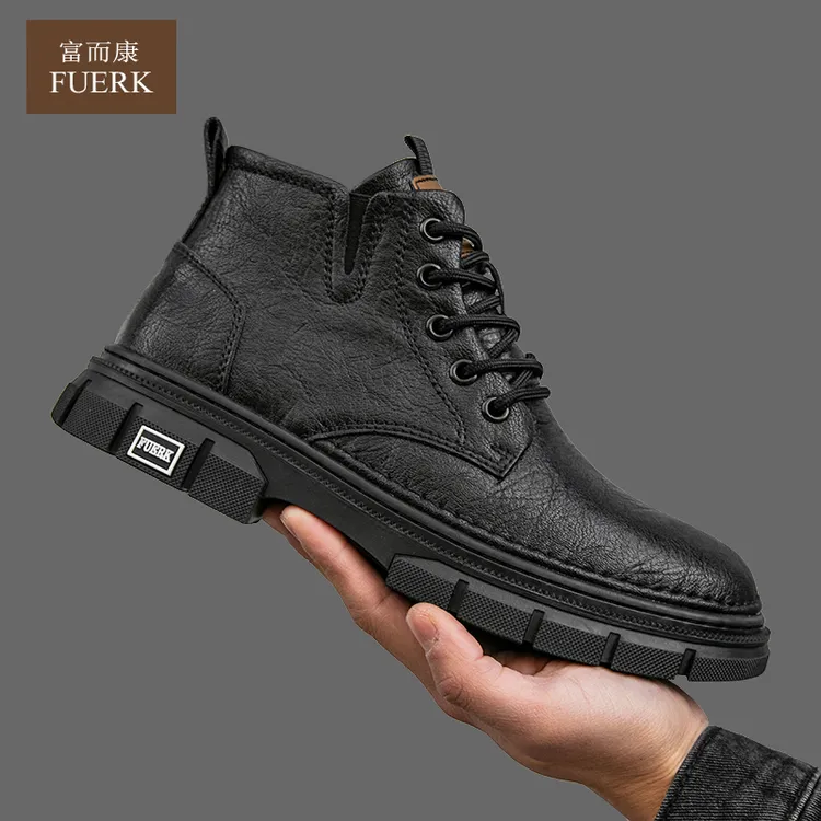富而康马丁靴2025冬季高帮加绒保暖工装男士简约时尚牛皮男士靴子