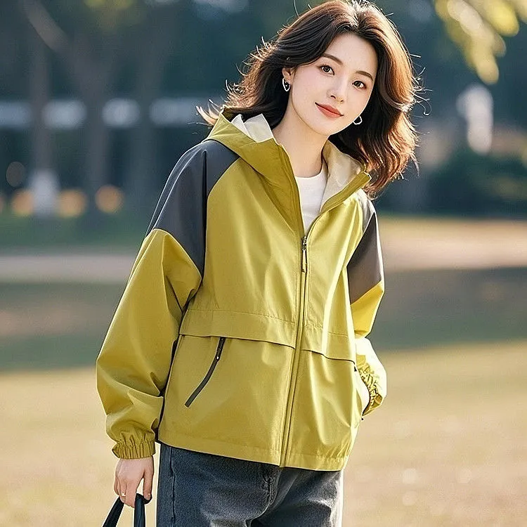 2025春季高级感超好看独特漂亮冲锋衣女休闲百搭芥末黄色连帽外套