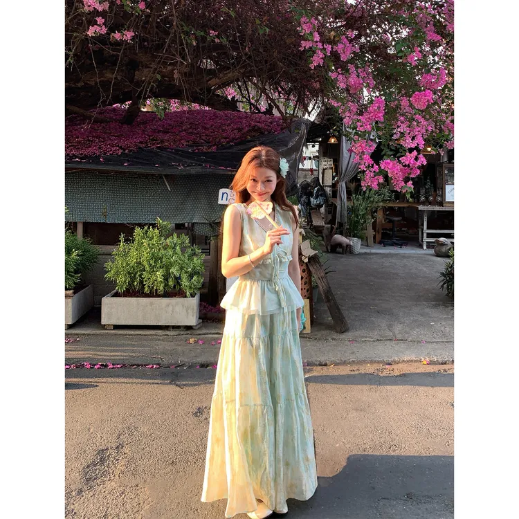 切糕自制【绿野仙踪】小个子女装夏新款天丝套装扎染印花背心半裙