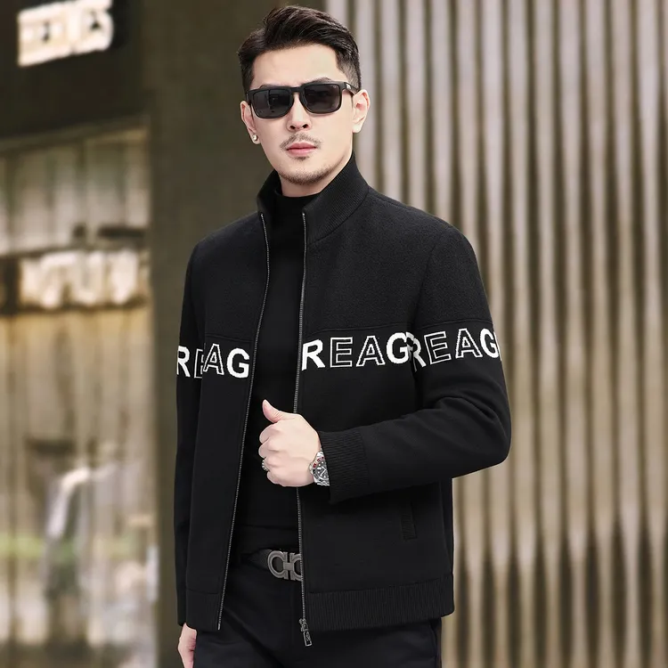 高级感时尚毛呢男士冬季立领字母羽绒服提花针织中年保暖百搭外套