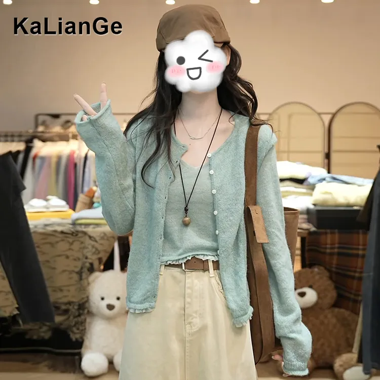 卡莲格/慵懒风针织开衫吊带背心两件套女秋季修身显瘦高级感上衣