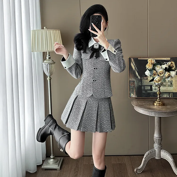 秋季韩版学院风减龄百褶裙两件套女气质名媛富家千金小香风套装裙