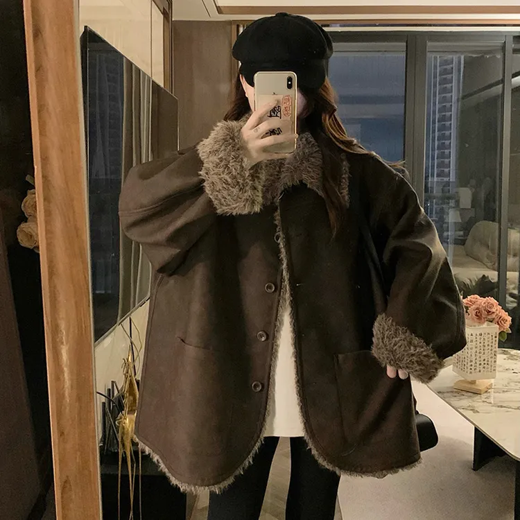 冬季ins直下摆宽松保暖两面穿皮毛一体机车服外套女复古加厚皮衣