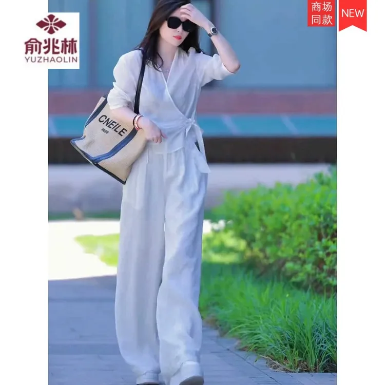法式轻熟风套装女2025夏季新款气质减龄宽松V领衬衫阔腿裤两件套
