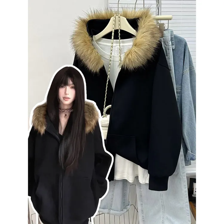 新款时尚秋冬毛绒毛领长袖拉链开衫百搭休闲宽松口袋外套上衣女潮