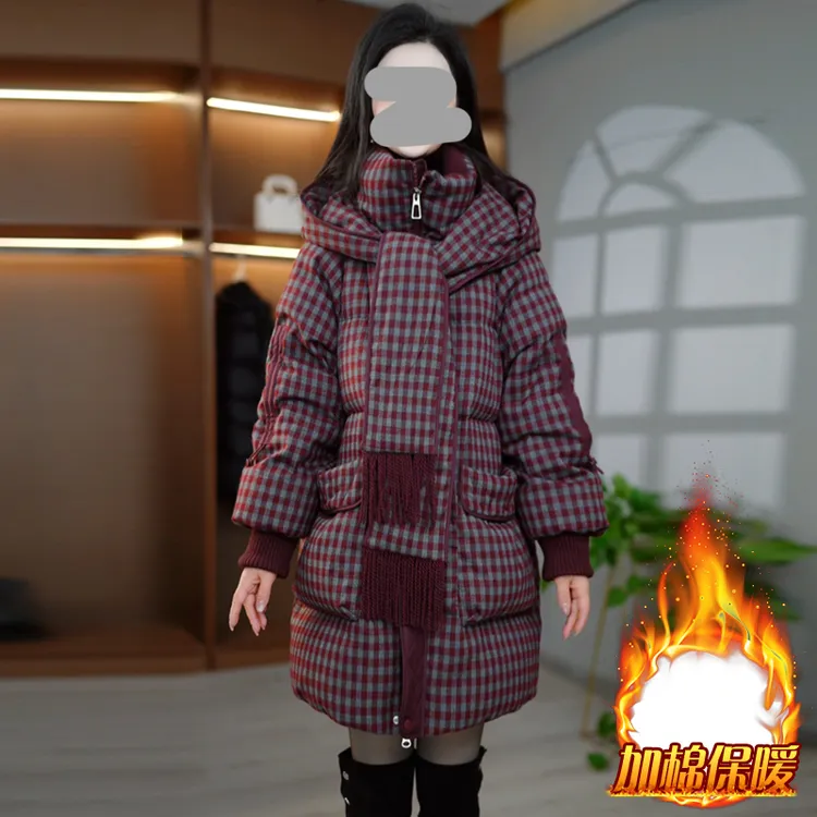 韩版时尚格子撞色中长款棉服女2025年冬季新款宽松显瘦百搭外套潮