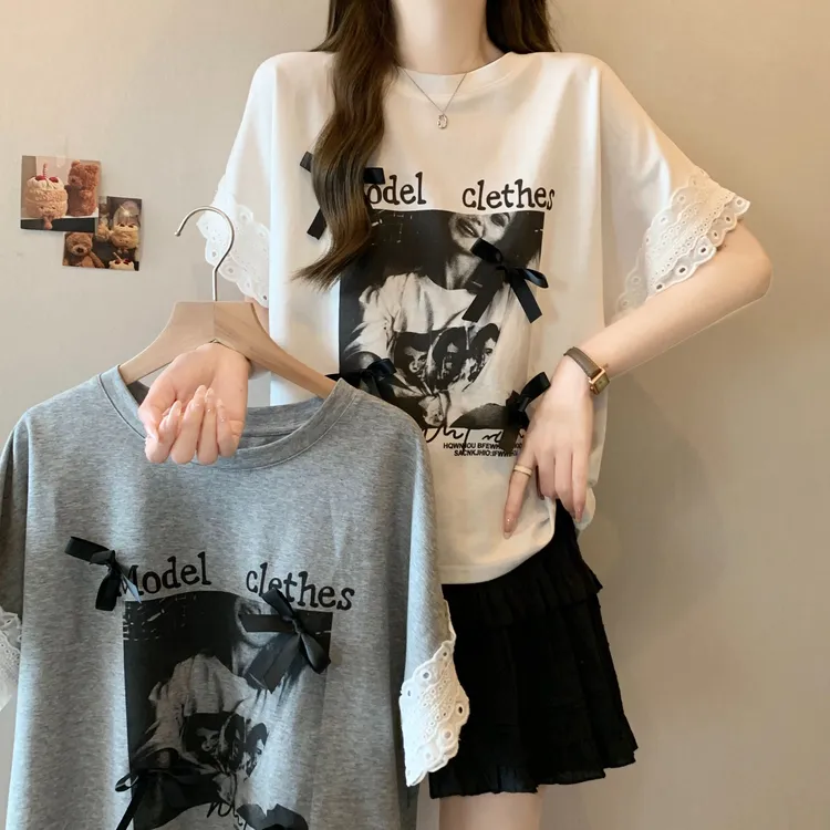 2025夏季新款大码宽松纯棉学生蕾丝拼接印花蝴蝶结圆领短袖上衣潮