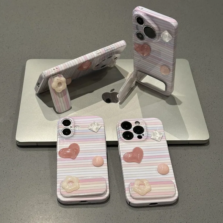 欧克里里彩色条纹立体爱心支架适用苹果16手机壳华为vivo小米oppo