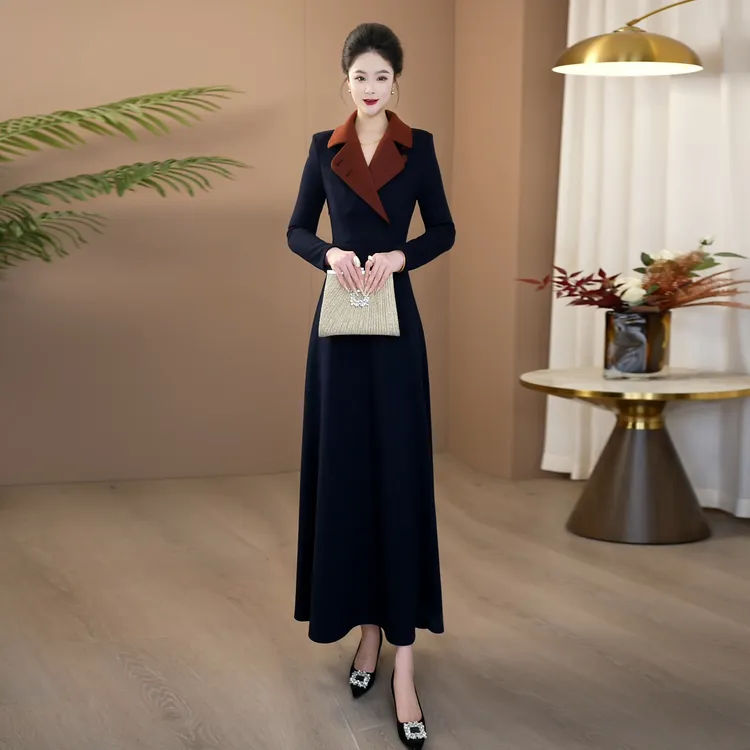 高级时尚简约优雅大气连衣裙2025新款遮肉显瘦修身加厚长裙276